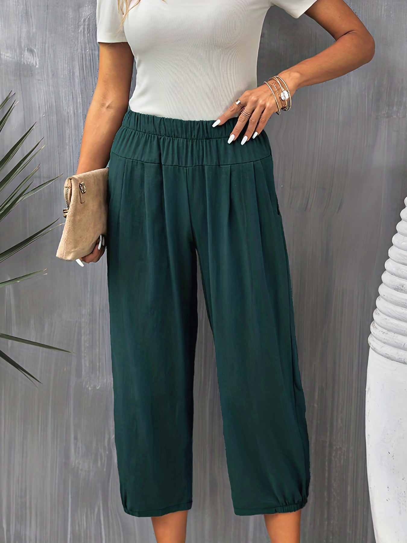 Solid Cropped Pants Casual Elastic Waist Tucked Pants