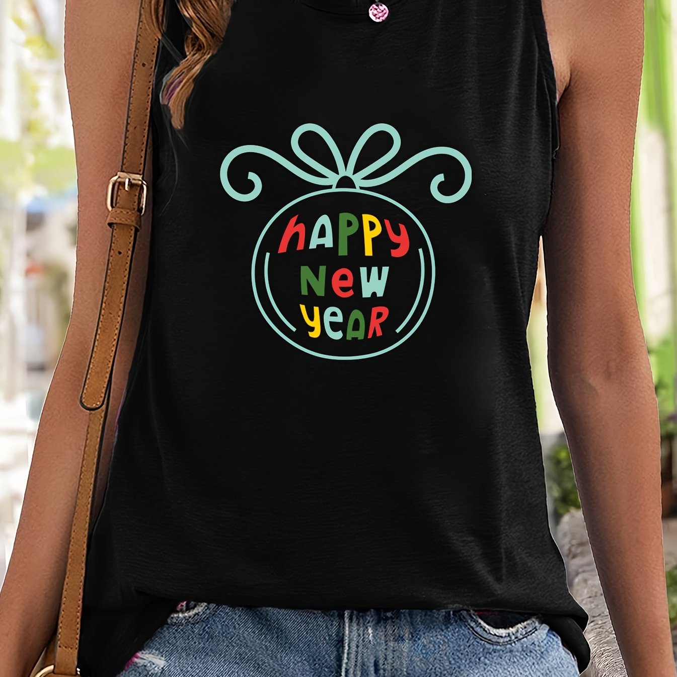 Happy Year Print Sleeveless Sports Vest Round Neck Stretchy Casual Tops