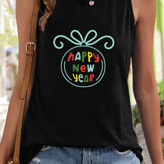 Happy Year Print Sleeveless Sports Vest Round Neck Stretchy Casual Tops