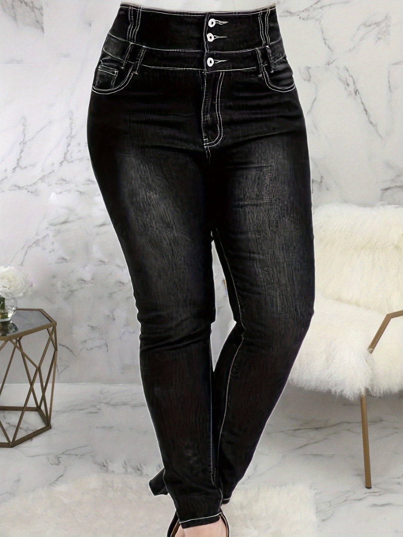 High Waist Solid Button Up Skinny Jeans