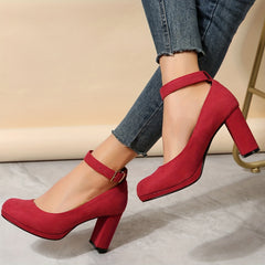 Red Block Heels Buckle Strap Pumps