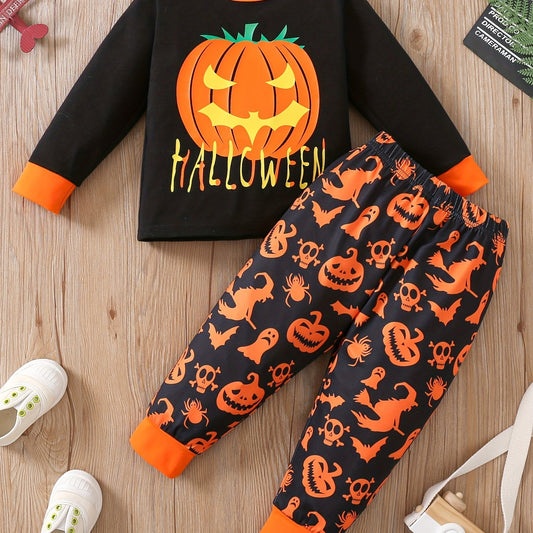 Halloween Print Toddler Kid's Pajamas - Pumpkin Pattern Loungewear Set