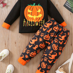 Halloween Print Toddler Kid's Pajamas - Pumpkin Pattern Loungewear Set