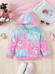 Girls Winter Hooded Jacket with Rainbow Stripes and Zipper Pockets