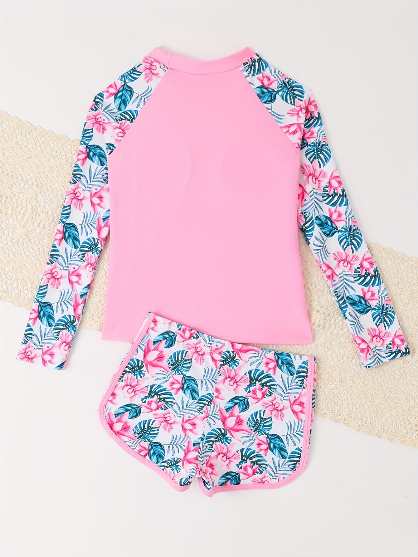Girls Flower Print Swimsuit 2pc Set Long Sleeve Top & Shorts for Swim Training