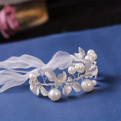 Adjustable Faux Pearl & Leaf Decor Bracelet for Bridal Wedding Parties