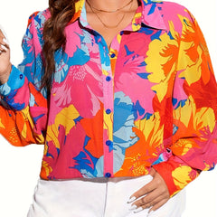 Blouse Women's Plus Floral Print Sleeve Button Up Collar Top