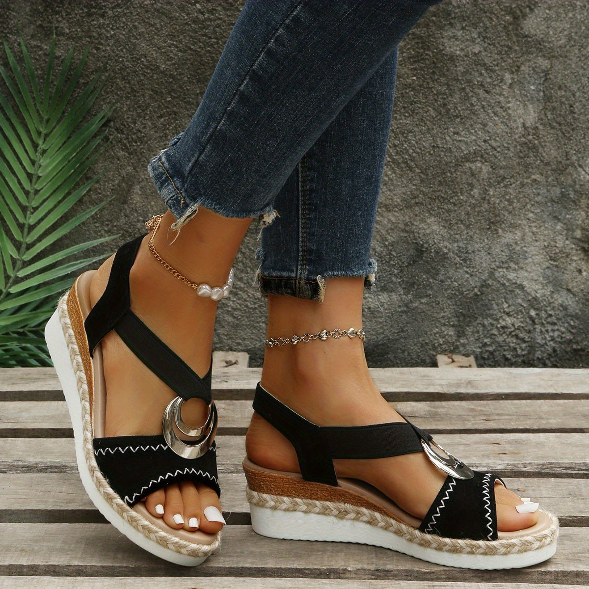 Women's Espadrille Wedge Sandals Roman Style Peep Toe Slip On Shoes