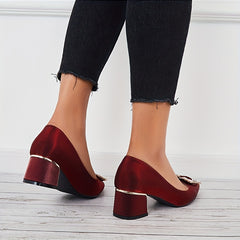 Chunky Heel Satin Pumps Rhinestone Pointed Toe Mid Heels
