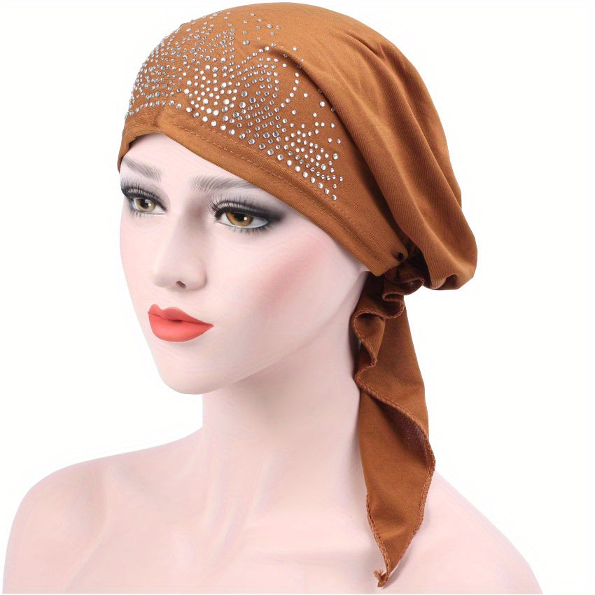 Ramadan Head Scarf Turban Cap Rhinestone Satin Head Wrap Bandana
