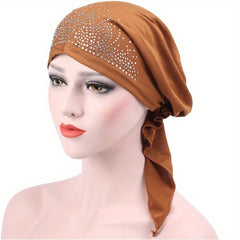 Ramadan Head Scarf Turban Cap Rhinestone Satin Head Wrap Bandana