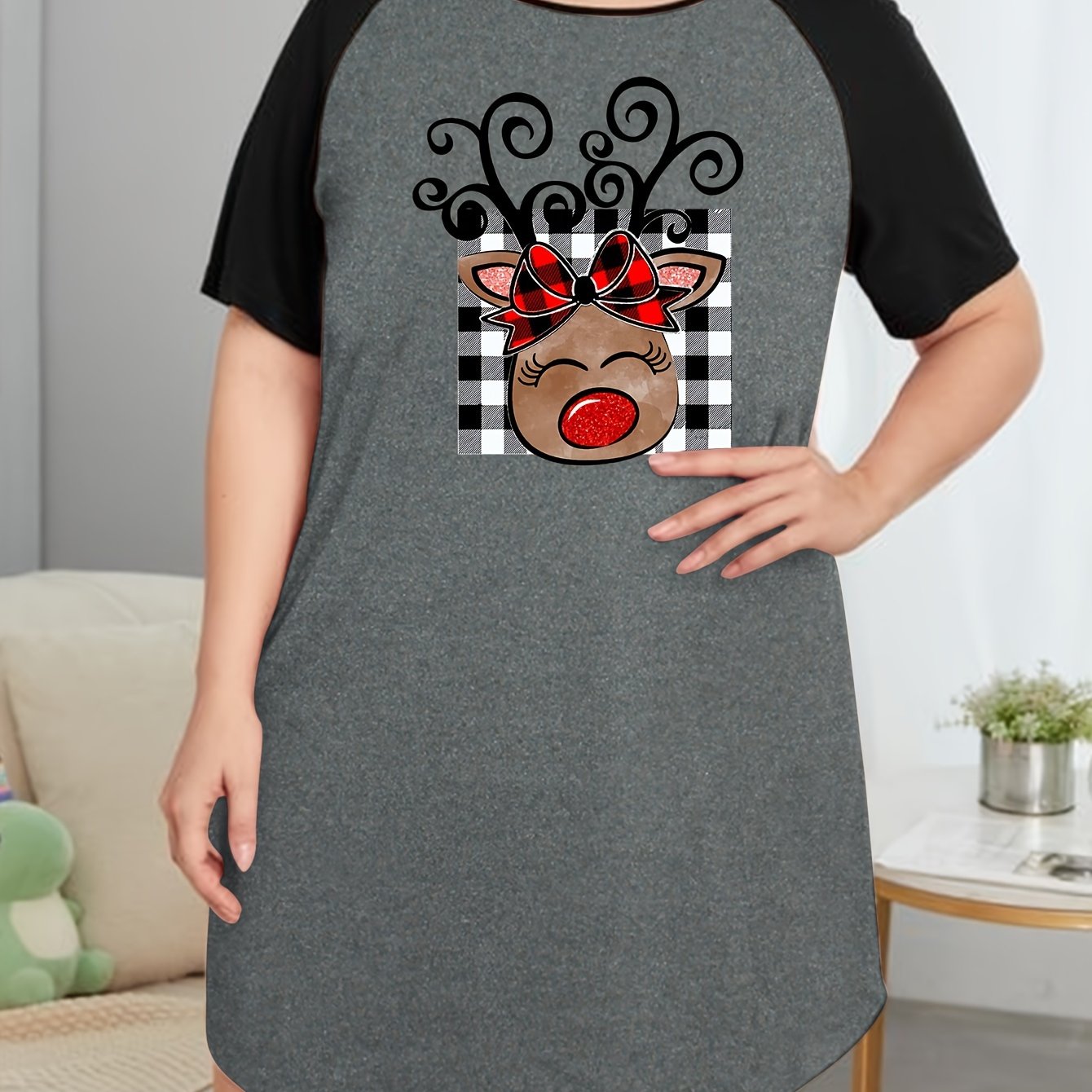 Christmas Nightdress Women's Plaid Elk Raglan Sleeve Tee Sleep Dress