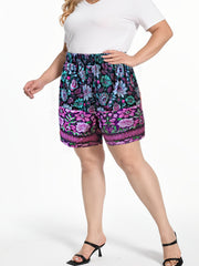Boho Shorts Women's Plus Floral Border Print Loose Wide Leg