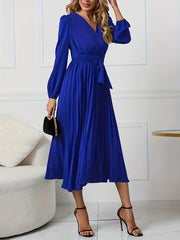Solid Buckle Maxi Dress Lantern Sleeve Surplice Neck