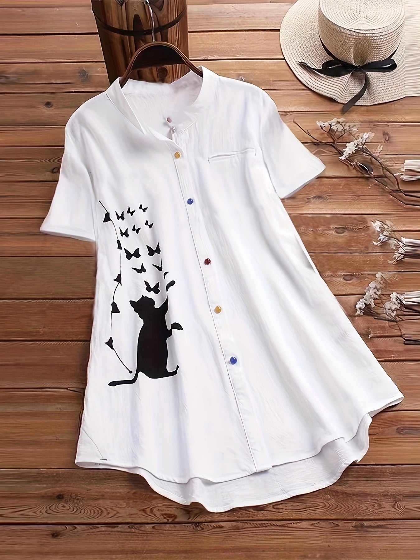 Cat Print Short Sleeve Button Shirt
