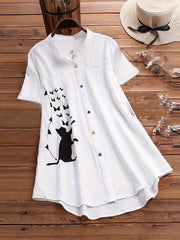 Cat Print Short Sleeve Button Shirt