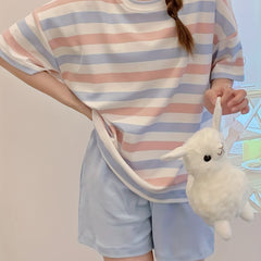 Striped Pajama Set Crew Neck Top & Shorts Women's Sleepwear & Loungewear