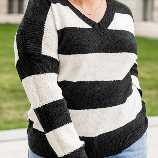 Colorblock V Neck Sweater Loose Fit