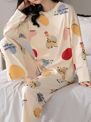 Cartoon Fawn Pajama Set Long Sleeve Crew Neck Top & Pants