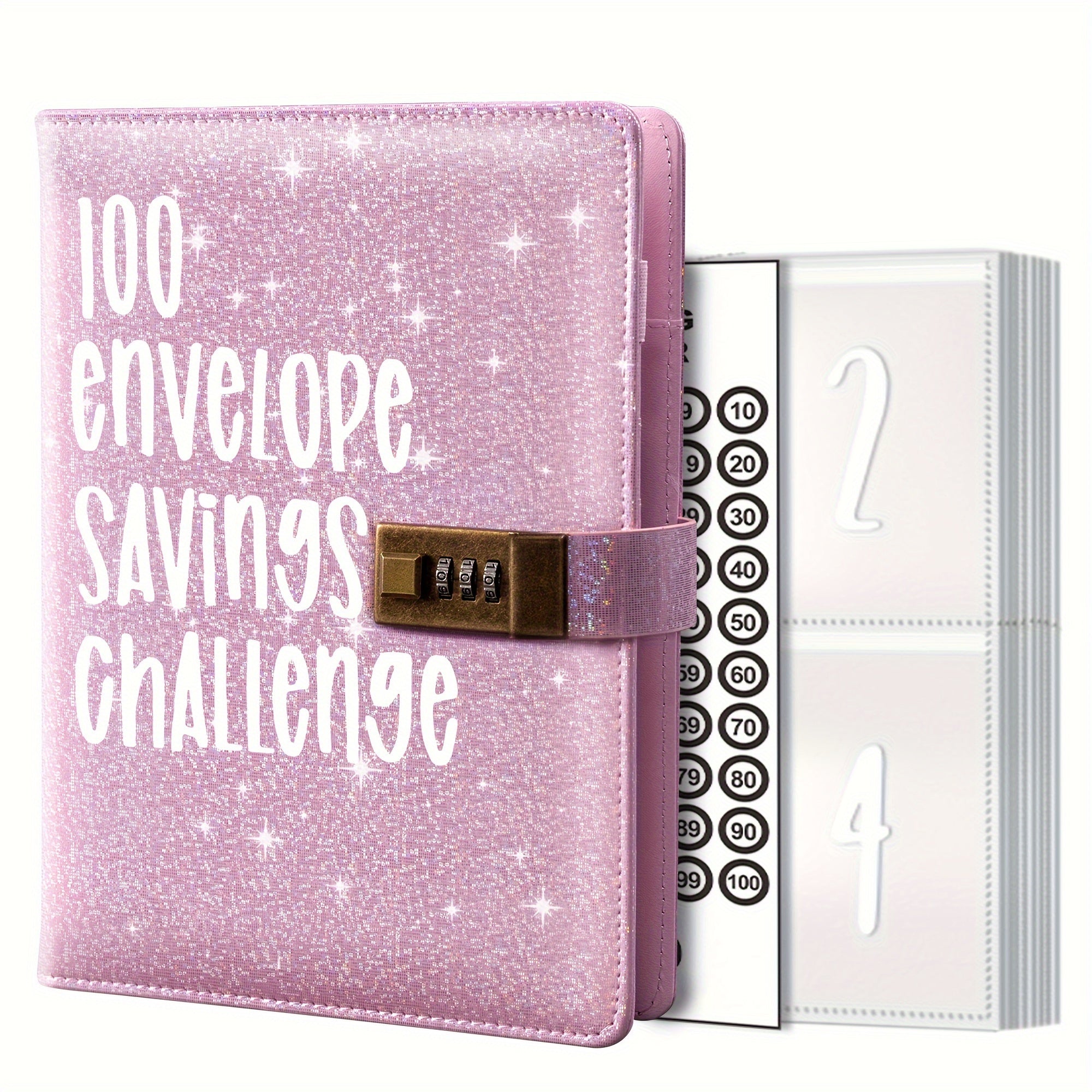 100 Envelopes Money-Saving Challenge Binder with Lock and Shining Cover