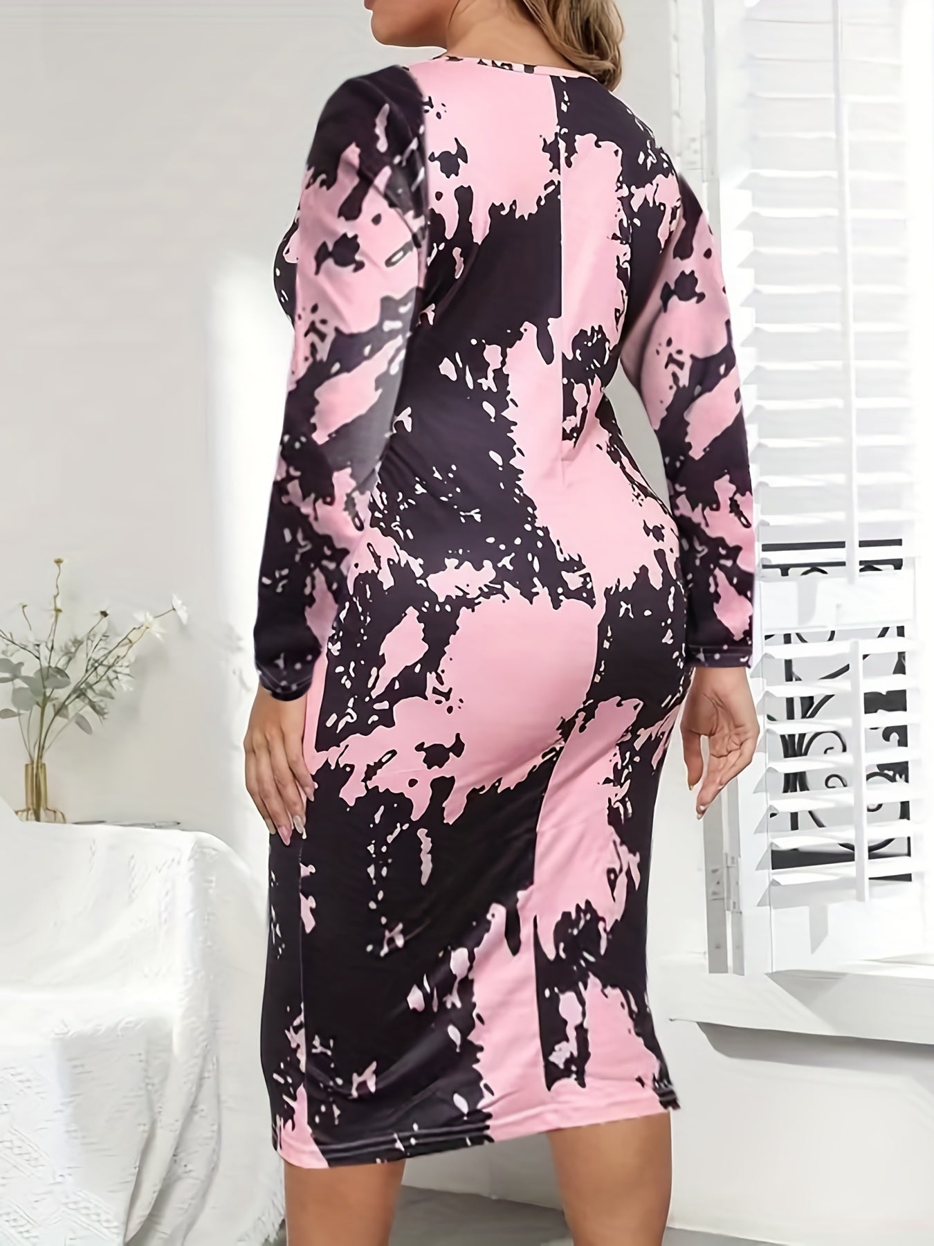 Colorblock Print Long Sleeve Casual Dress