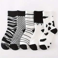 5 Pairs Geometric Pattern Mid Tube Socks Women's Stockings