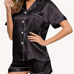 Solid Button Pajamas Set Short Sleeve Top & Shorts Women's Loungewear