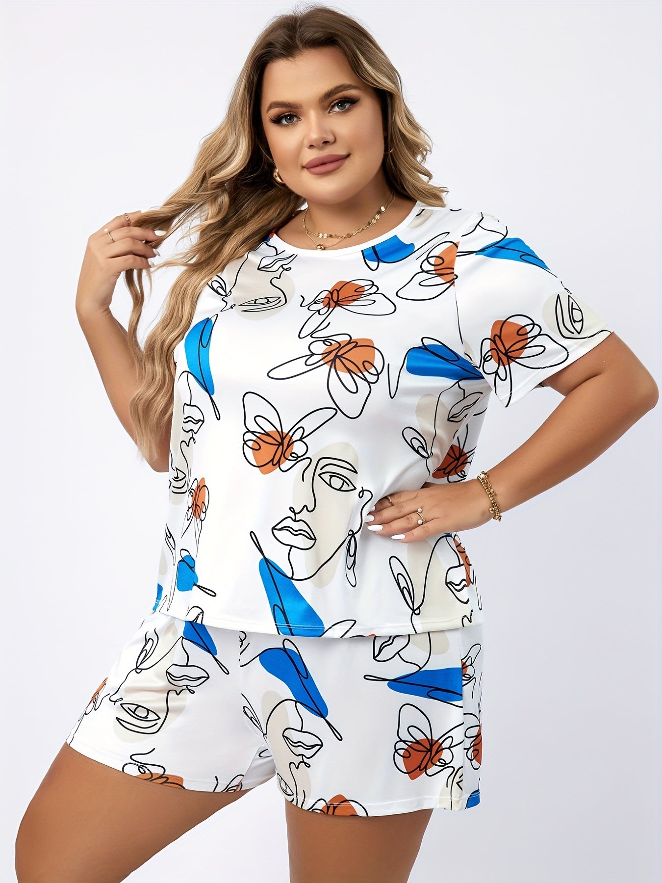 Women's Plus Abstract Face Print Short Sleeve Top & Shorts Pajamas Set