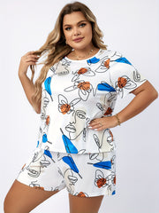Women's Plus Abstract Face Print Short Sleeve Top & Shorts Pajamas Set