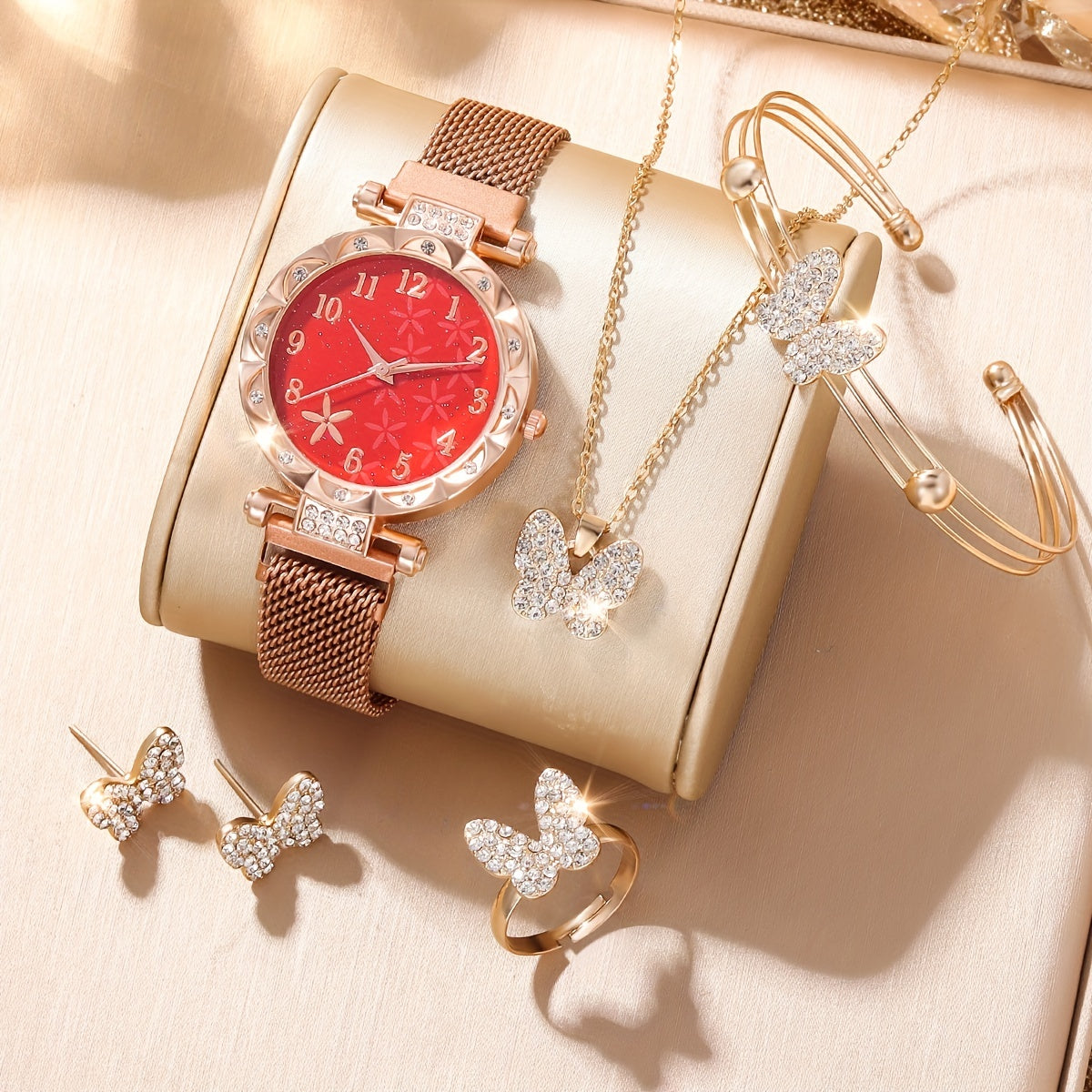 Quartz Watch with Rhinestone Studs & Butterfly Jewelry Set
