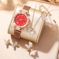 Quartz Watch with Rhinestone Studs & Butterfly Jewelry Set