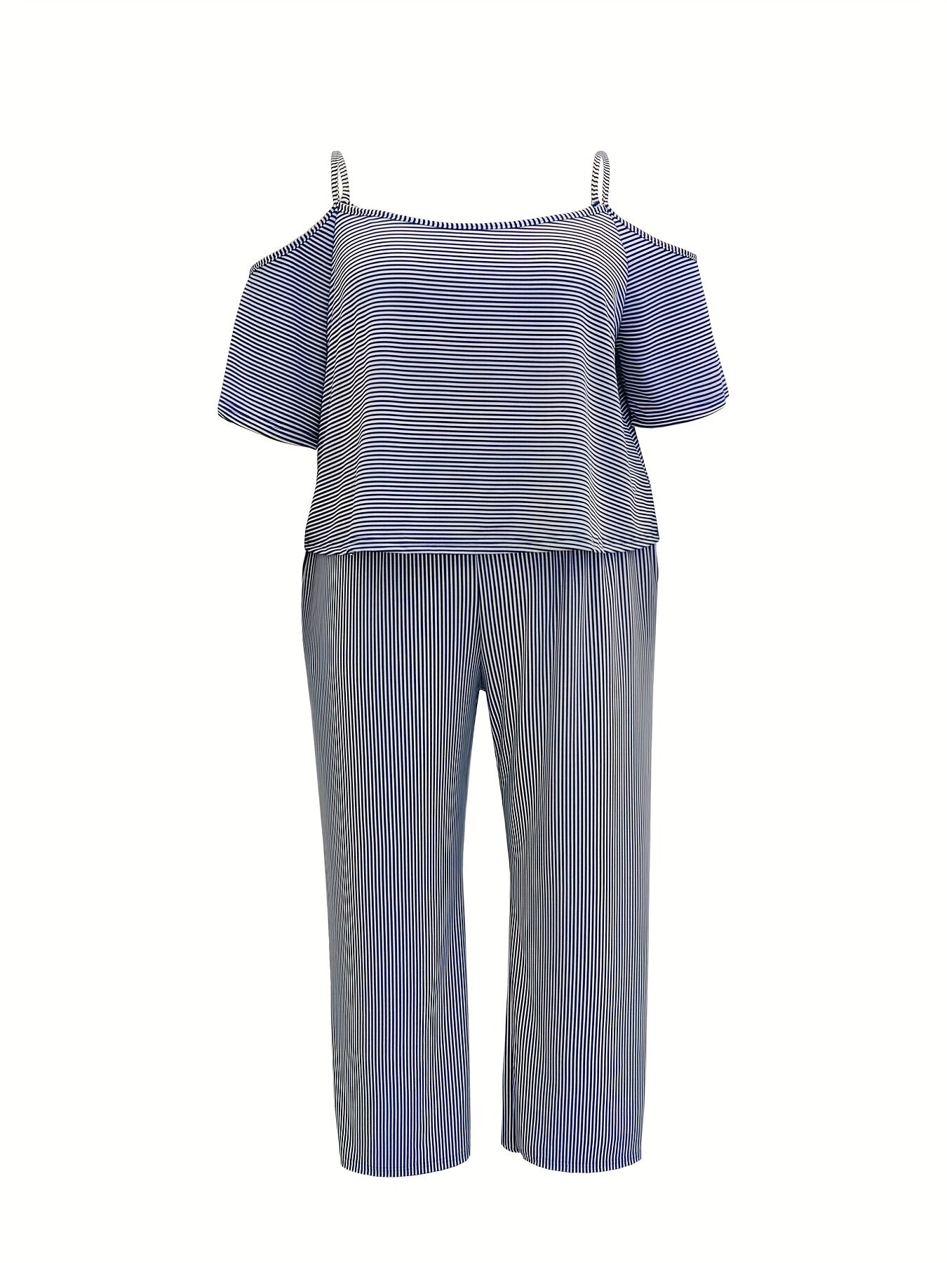Stripe Print Cold Shoulder Top & Wide Leg Pants 2 Piece Set