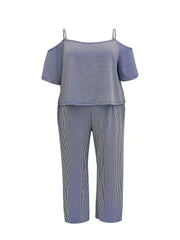 Stripe Print Cold Shoulder Top & Wide Leg Pants 2 Piece Set