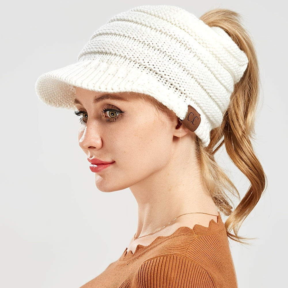 Chunky Cable Knit Ponytail Beanie Soft Winter Hat for Women