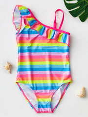 Toddler Girls Rainbow One Piece Swimsuit Ruffle Trim Summer Beach Clothes