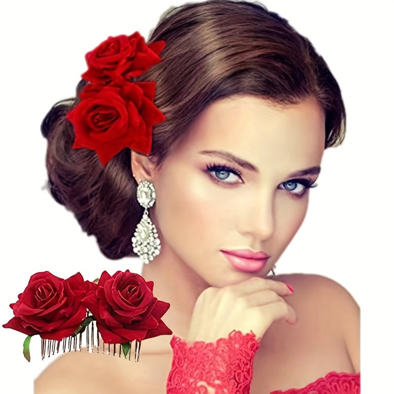 Double Red Rose Hair Comb for Women