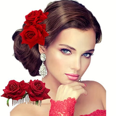Double Red Rose Hair Comb for Women