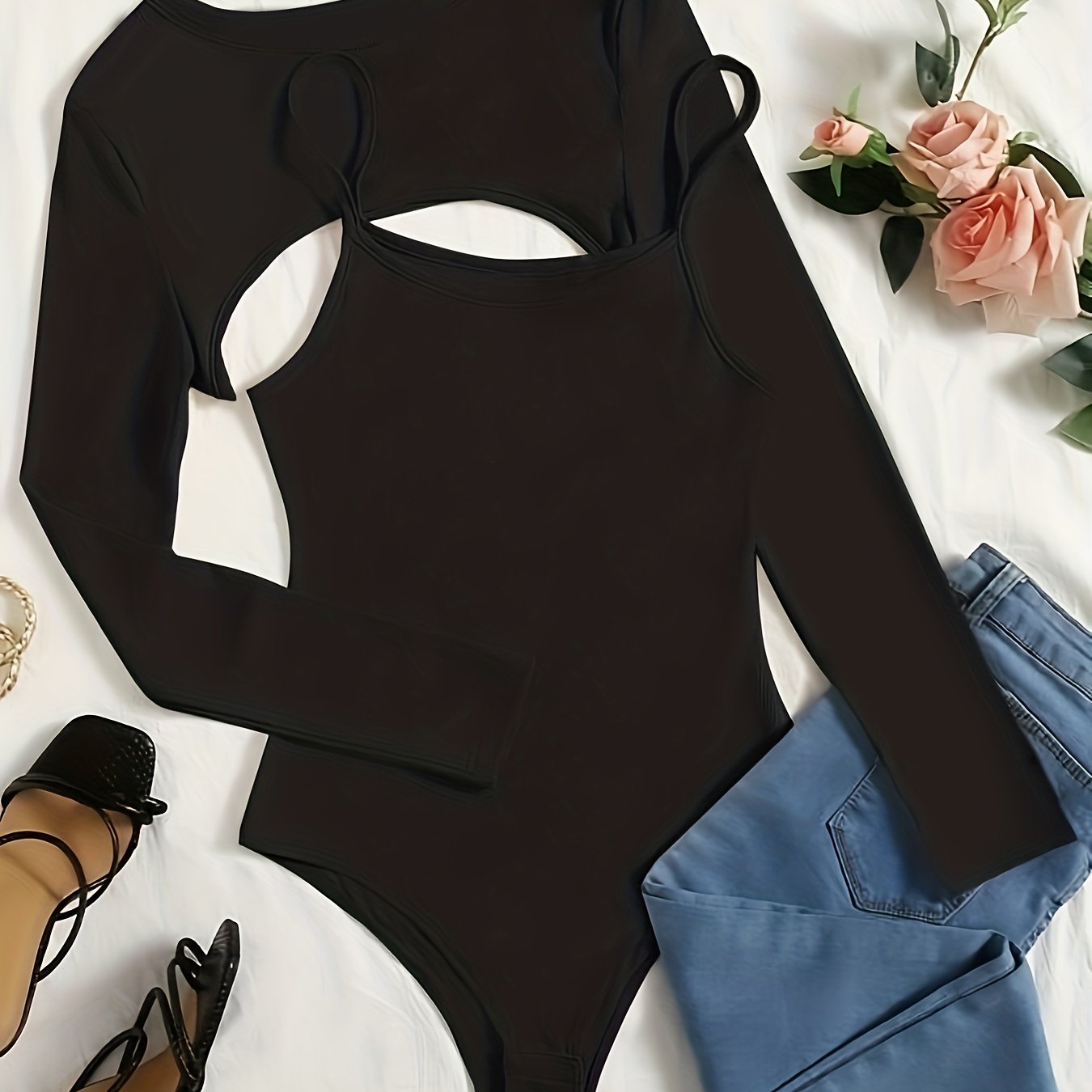 Women's Solid Ribbed Cami Bodysuit & Crop Top Outfit