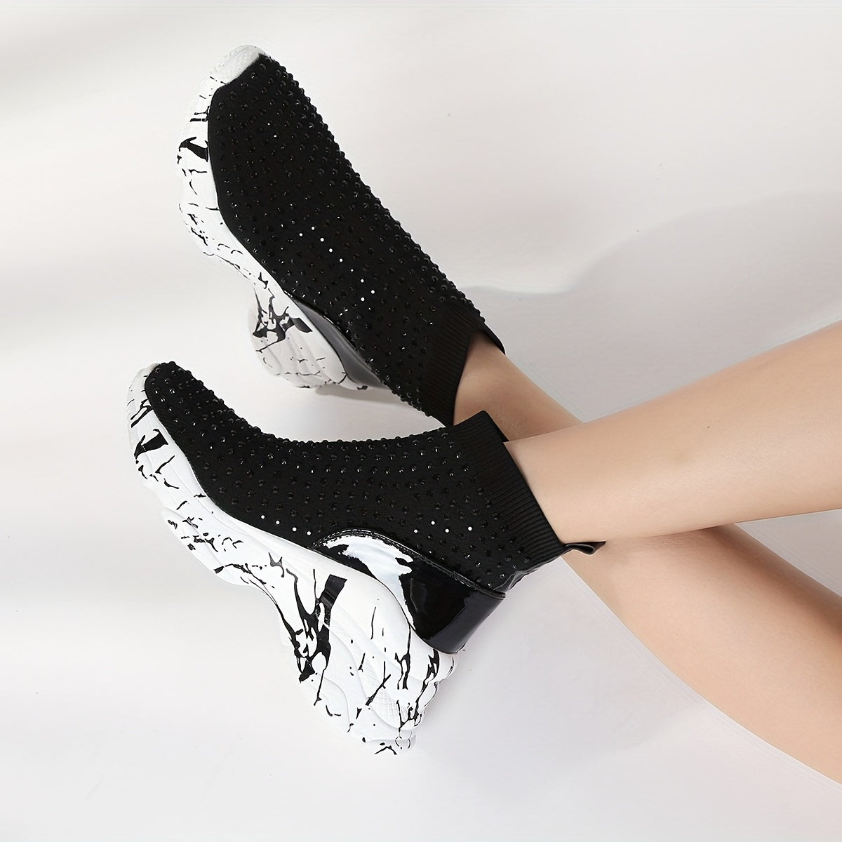 Women's Rhinestone Platform Boots High Top Wedge Sneakers Stretch Sock Boots