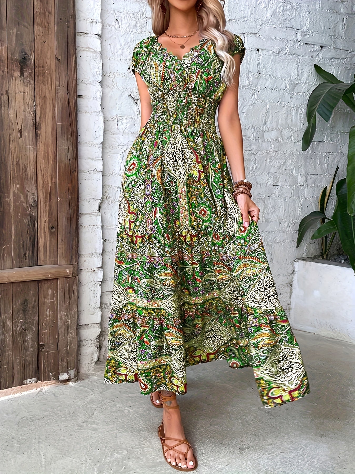 Boho Dress Women's Plus Floral Print Cap Sleeve V Neck Maxi Dress