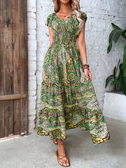 Boho Dress Women's Plus Floral Print Cap Sleeve V Neck Maxi Dress