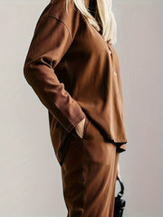 Solid Long Sleeve Button Up Ribbed Knit Cardigan & Pants 2 Piece Set
