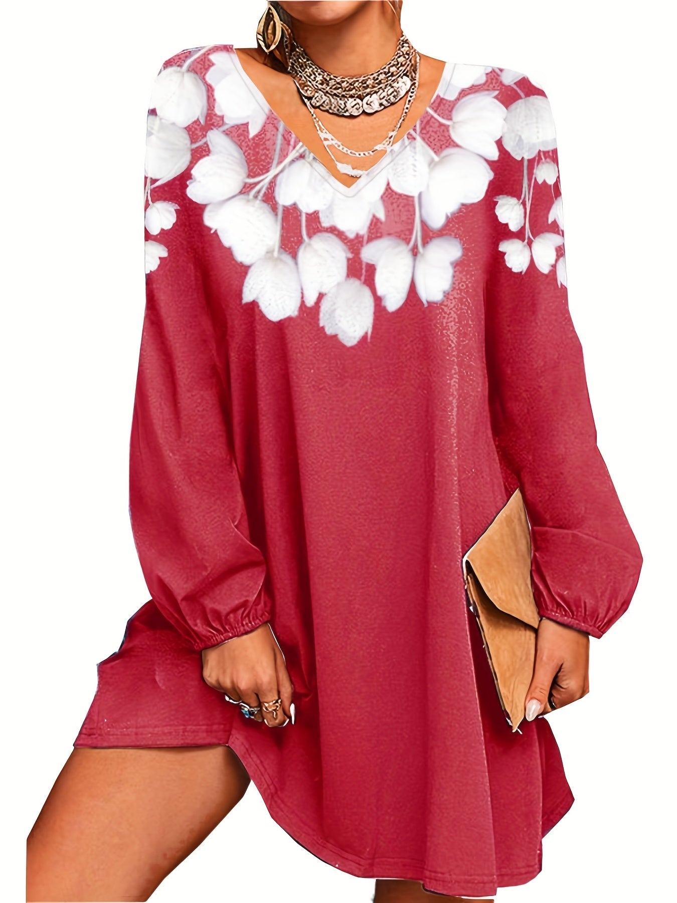 Floral V Neck Dress Long Sleeve Casual Summer