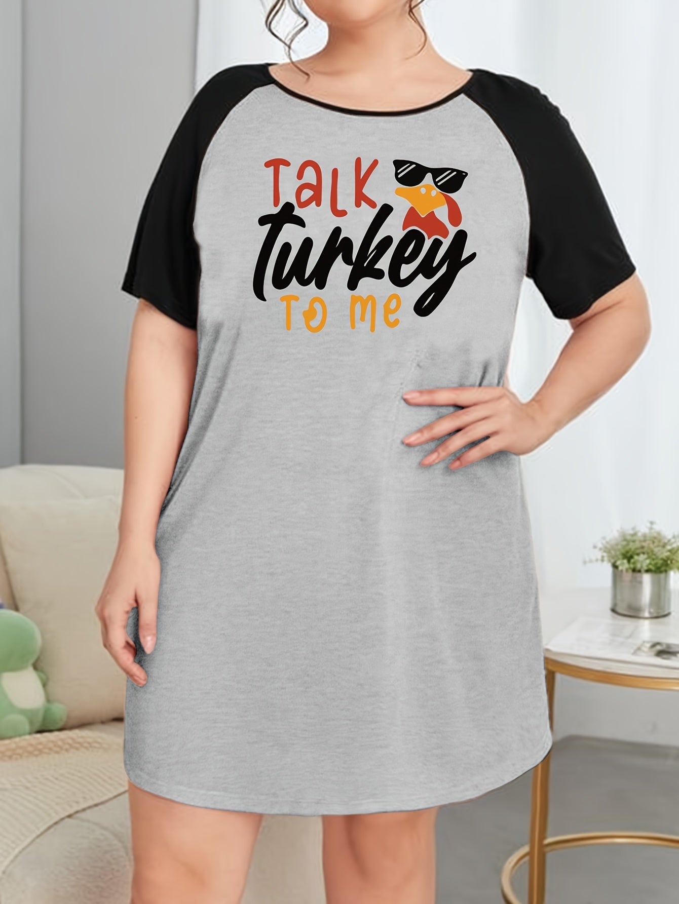 Thanksgiving Tee Sleep Dress Letter & Turkey Print