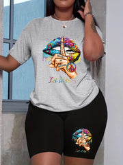 Two Piece Tee & Shorts Outfit Crew Neck T Shirt & Biker Shorts Set