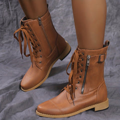 Women's Lace Up Combat Boots Chunky Heel Side Zipper