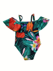 Baby Girls Plant Print Off Shoulder Swimsuit for Summer