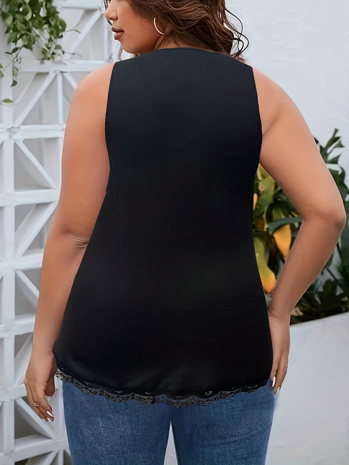 Casual Tank Top Women's Plus Solid Button Decor Contrast Lace Trim