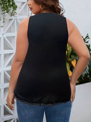 Casual Tank Top Women's Plus Solid Button Decor Contrast Lace Trim