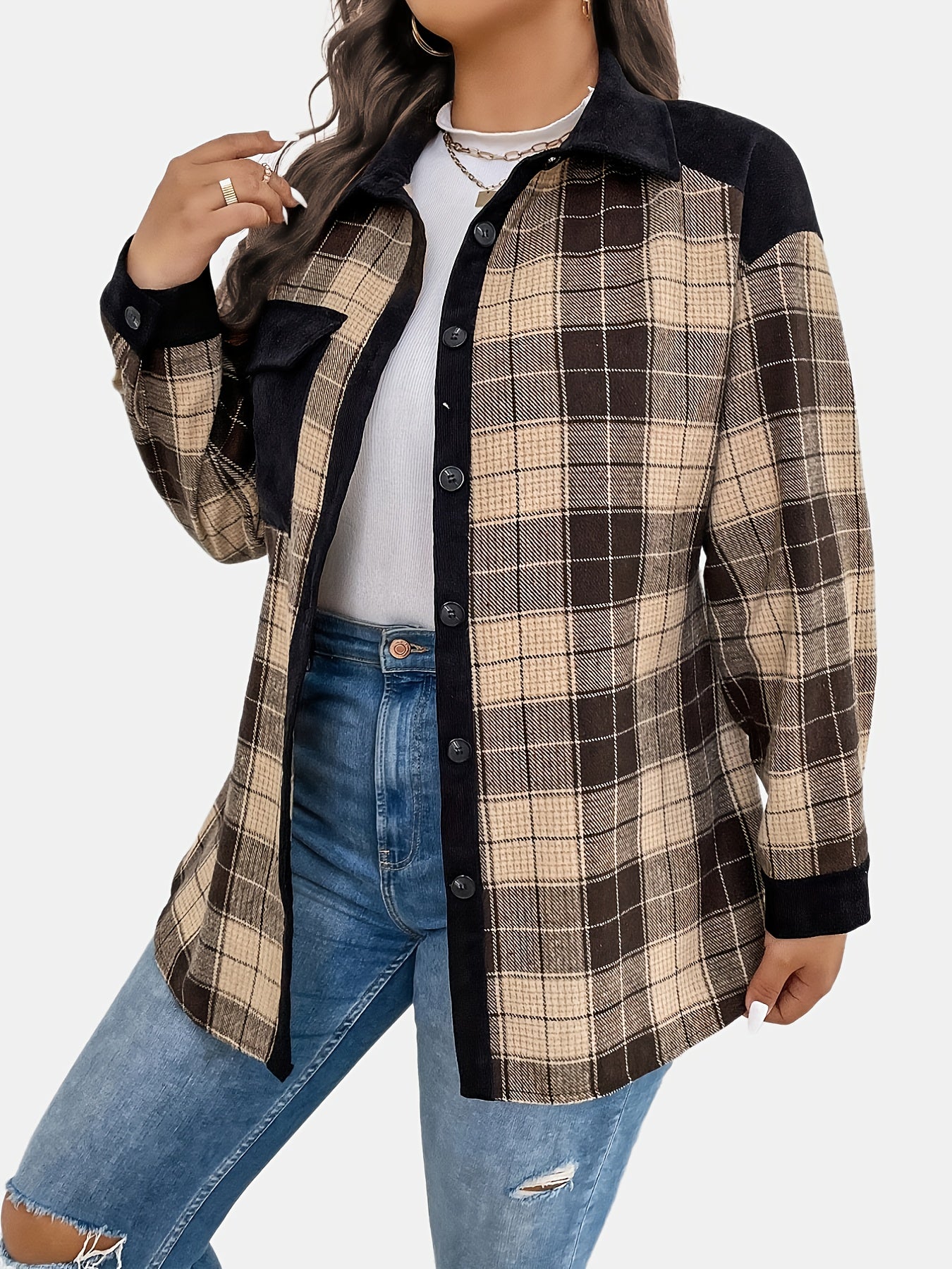 Colorblock Plaid Print Button Up Long Sleeve Shirt Coat